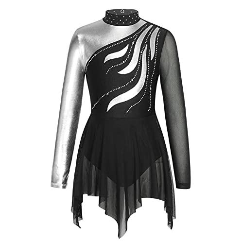 inlzdz Mädchen Glänzende Ballettkleid Tanzkleider Langarm Gymnastik Leotard Top Glitzer Ballett Body mit Mesh Asymmetrisch Rock Ballettkleidung Turnanzug Schwarz 146-152 von inlzdz