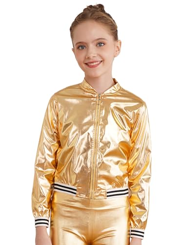 inlzdz Mädchen Glänzende Jacke Strickjacke Bronzing Langarm Cardigan Bomberjacke mit Reißverschluss Metallic Jacke Mantel Oberbekleidung Gold 170-176 von inlzdz