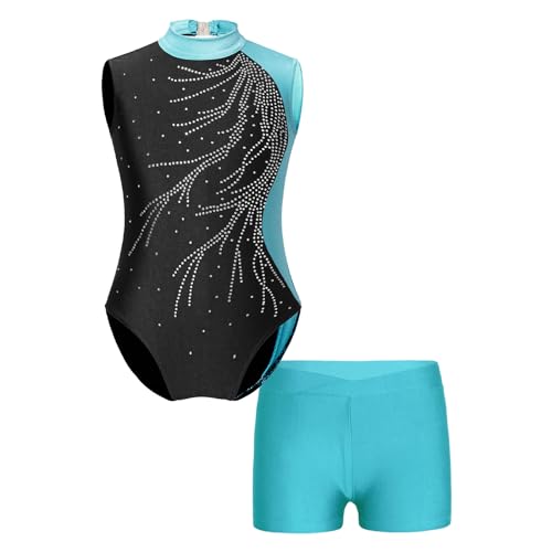 inlzdz Mädchen Gymnastik Ballettkleidung Ärmellos Turnbody Tanzbody mit Shorts Kurze Sporthose Tanzhose Turnanzug Gymnastikanzug Dancewear B Blau 134-140 von inlzdz