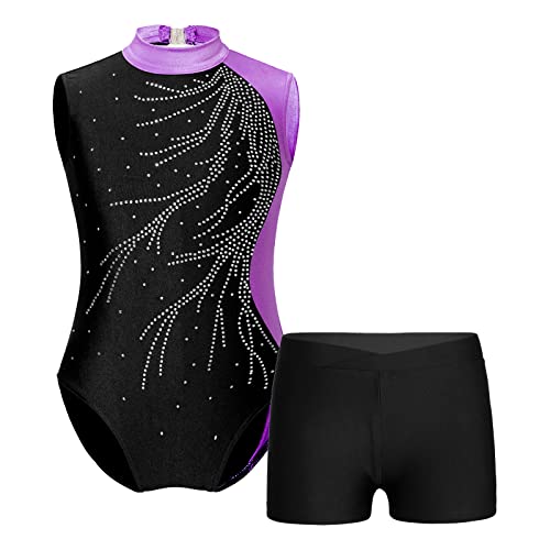 inlzdz Mädchen Gymnastik Ballettkleidung Ärmellos Turnbody Tanzbody mit Shorts Kurze Sporthose Tanzhose Turnanzug Gymnastikanzug Dancewear Violett 122-128 von inlzdz