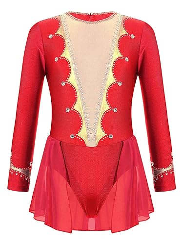 inlzdz Mädchen Gymnastikanzug Turnanzug Langarm Ballettkleid Eiskunstlauf Kleider Glänzende Ballettkleid Trikot Leotard mit Tanzrock Ballettrock Tanzkleidung Rot 170-176 von inlzdz