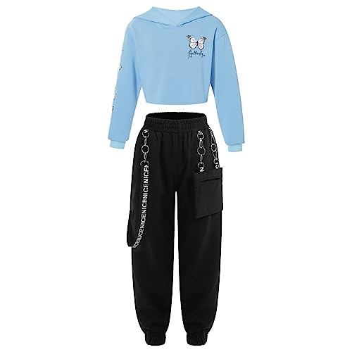 inlzdz Mädchen Hip Hop Kleidung Set Kapuzenshirt Sweatshirt Tanz Tops mit Kapuzen Sweatpants Jogginghose Trainingshose Sportanzug Tanzkleidung Hellblau 158-164 von inlzdz