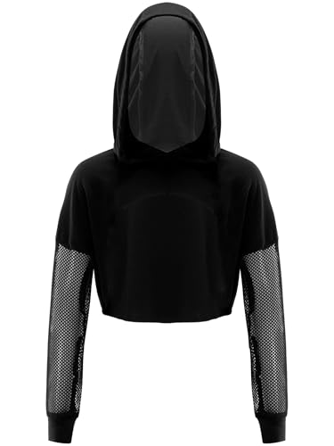 inlzdz Mädchen Kapuzenpullover Hip Hop Hoodie Nezt Langarm Pullover Kurz Oberteil Bauchfrei kapuenshirt Sweatshirt mit Kordelzug Kapuze Sportshirt Jazz Tanz Kostüm Schwarz 146-152 von inlzdz