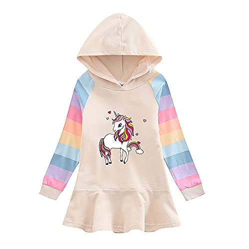 inlzdz Mädchen Kapuzenpullover Kleid Langarm Einhörner Freizeitkleid Hoodie Kapuzenpulli Baumwolle Kinder Sweatshirt Pullover mit Kapuze Basic T-Shirts Kleider Type A Khaki 110-116 von inlzdz