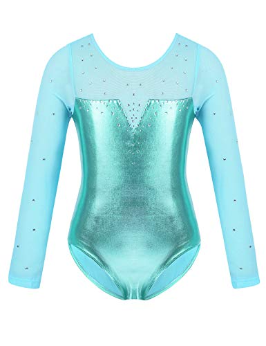 inlzdz Mädchen Kinder Turnanzug Langarm Metallic Gymnastikanzug mit Strass Ballett Trikot Leotard Wettkampf Gymnastikbody Turnbody 3-12 Jahre Türkis 110-116 von inlzdz