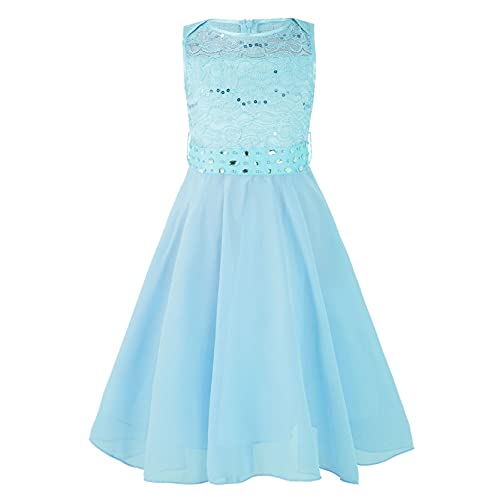 inlzdz Mädchen Kleider Festlich Prinzessin Kleid Ärmellos Spitze Kleid Kommunionkleid Hochzeit Geburtstag Brautjungfern Kleid Gr.98-176 Hellblau 152 von inlzdz