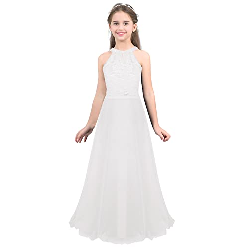 inlzdz Mädchen Kleider Festlich Prinzessin Lange Kommunionkleid Spitze Blumenmädchenkleid Sommer Hochzeit Partykleid Festzug Weiß 134-140 von inlzdz