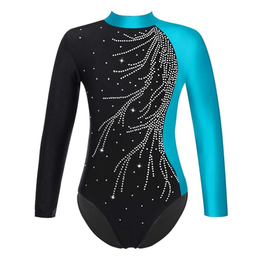 inlzdz Mädchen Langarm Gymnastikanzug Ballettanzug mit Strass Gymnastik Leotard Trikot Turnanzug Eiskunstlauf-Kleid Skating Overall Ballett Trikot Turnanzug Blau 134-140 von inlzdz