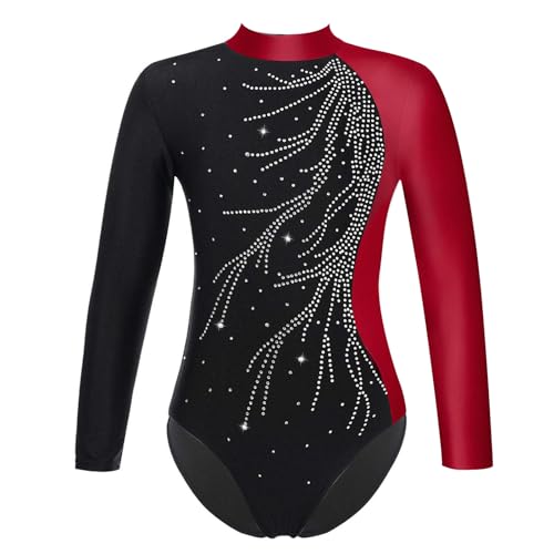 inlzdz Mädchen Langarm Gymnastikanzug Ballettanzug mit Strass Gymnastik Leotard Trikot Turnanzug Eiskunstlauf-Kleid Skating Overall Ballett Trikot Turnanzug Burgundy 134-140 von inlzdz