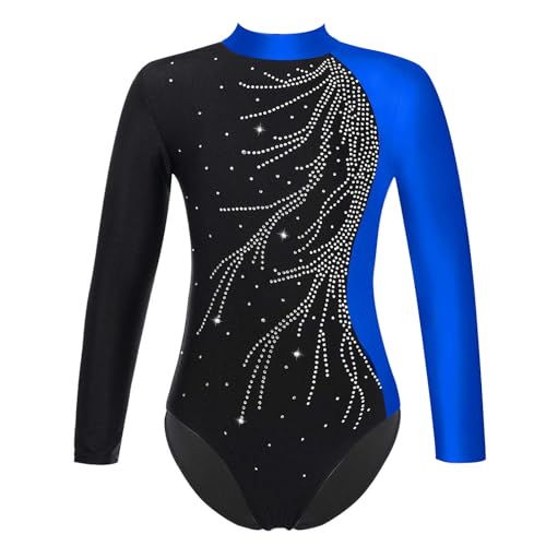 inlzdz Mädchen Langarm Gymnastikanzug Ballettanzug mit Strass Gymnastik Leotard Trikot Turnanzug Eiskunstlauf-Kleid Skating Overall Ballett Trikot Turnanzug Dunkelblau 146-152 von inlzdz