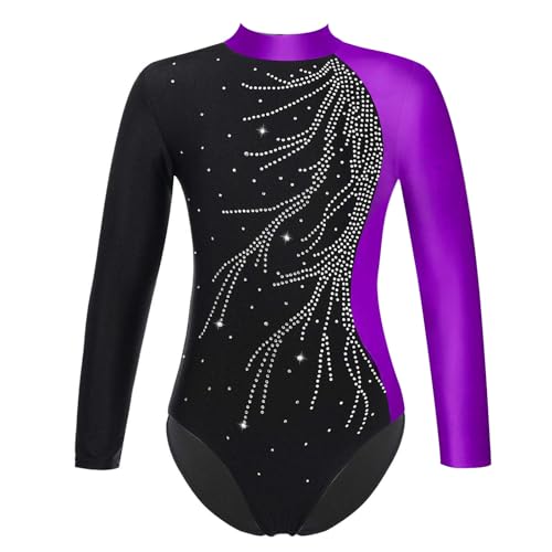 inlzdz Mädchen Langarm Gymnastikanzug Ballettanzug mit Strass Gymnastik Leotard Trikot Turnanzug Eiskunstlauf-Kleid Skating Overall Ballett Trikot Turnanzug Violett 110-116 von inlzdz