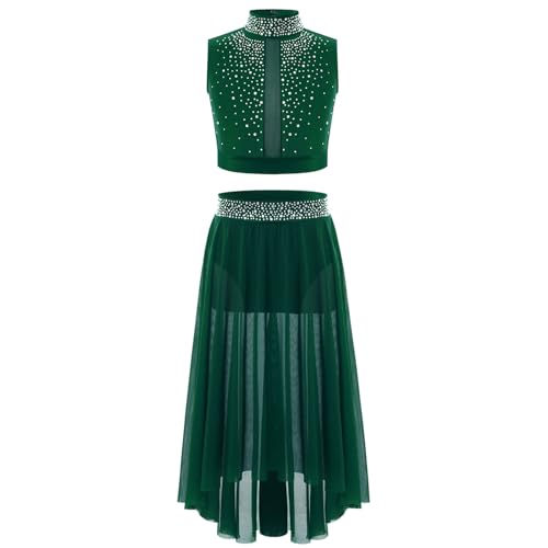 inlzdz Mädchen Lyrischen Tanzkleid Zweiteiler Tanzanzug mit Glitzern Crop Top Kurz Tops Lang Tanzrock Netzrock Tanzkleidung Grün 170 von inlzdz