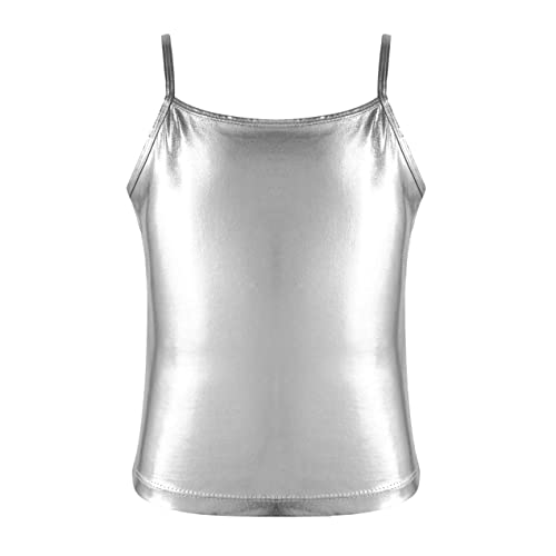 inlzdz Mädchen Metallic Carmisole Spaghetti Trägershirt Glänzende Tank Top Ärmellos Unuterhemd Weste Top Tanzkostüm Silber 122-128 von inlzdz