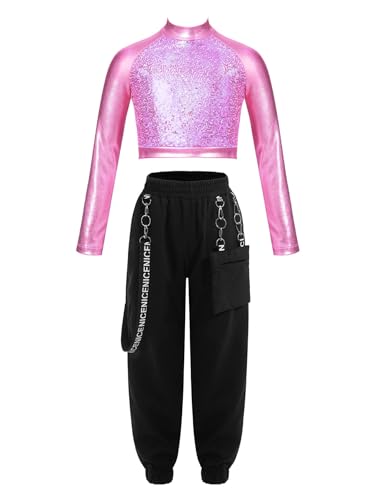 inlzdz Mädchen Metallic Jazz Hip Hop Kleidung Set Zweiteiler Crop Top Pailletten Tanzoberteil Cargohose Sporthose Jogginghose Tanzkleidung Dancewear Rosa 170 von inlzdz