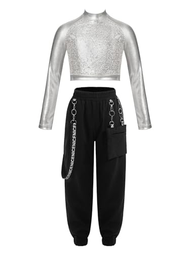 inlzdz Mädchen Metallic Jazz Hip Hop Kleidung Set Zweiteiler Crop Top Pailletten Tanzoberteil Cargohose Sporthose Jogginghose Tanzkleidung Dancewear Silber 134-140 von inlzdz