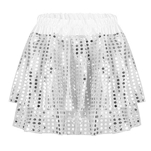 inlzdz Mädchen Pailletten Rock Kurz Tutu Rock Kinder Ballettröckchen Sport Tanzen Unterrock Jazz Hip HOP Reifrock Festlich Performance Minirock Gr.86-152 Silber 128-140 von inlzdz