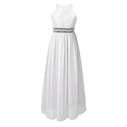 inlzdz Mädchen Spitze Kleid Festlich Partykleid Blumenmädchenkleid Ärmellos Prinzessin Brautjungfer Kleider Elegant Kommunionskleid 5-16 Jahre Weiß 170-176 von inlzdz