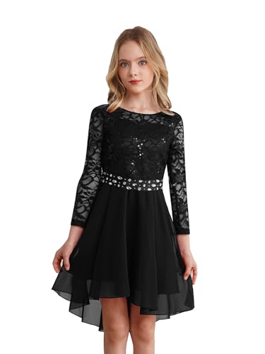 inlzdz Mädchen Spitze Partykleid Prinzessin Kleider Langarm Abendkleid Blumenmädchenkleider Tüllkleid für Hochzeit Geburtstag Schwarz 146-152 von inlzdz