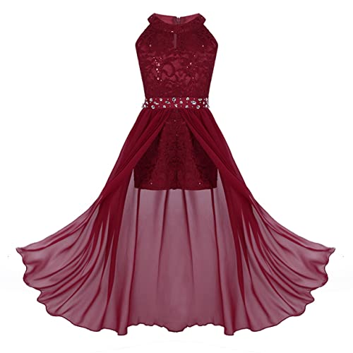 inlzdz Mädchen Spitzenkleid Ballkleid Festlich Ärmellos Prinzessin Kleid Swing Maxi Kleider Kommunionkleid Blumenmädchenkleider Festzug Brautjungfern Kleider Burgundy 128 von inlzdz