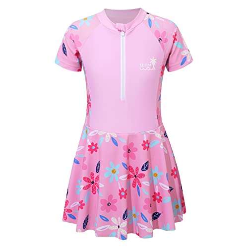 inlzdz Mädchen Sportlich Badeanzug Kurzarm Badekleid Schwimmkleid mit Shorts Rush Guard Anzug Blumendruck Schwimmanzug UV-Schutz Badebekleidung Rosa 122-128 von inlzdz