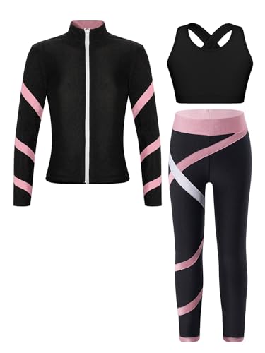 inlzdz Mädchen Trainingsanzug 3 tlg Sportanzug Langarm Sportjacke + Sport BH Oberteil + Leggings Basketball Trikots Jogginganzug Sportbekleidung Schwarz&Rosa 158-164 von inlzdz