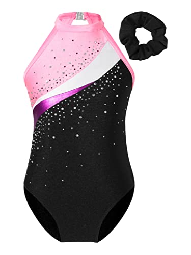 inlzdz Mädchen Turnanzug Ballettanzug Strass Ärmellos Tanz-Body Gymnastikbody Balletttrikot mit Haarband und Shorts Tanzshorts Ballettkleidung Dancewear Rosa 134-140 von inlzdz