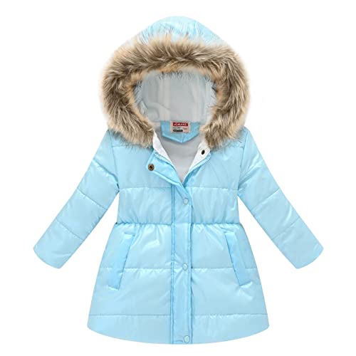 inlzdz Mädchen Winterjacke mit Fellkapuze Kinder Wintermantel Übergangsjacke Winddicht Baumwolle Steppjacke mit Reißverschluss Warm Parka Jacke Mantel Oberbekleidung Hellblau 134-140 von inlzdz