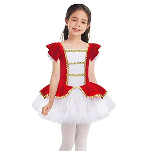 inlzdz Mädchen Zirkus Kostüm Tanzkleid Turnbody Tanz Overall mit Tutu Rock Ballettkleid Zirkusdirektor Outfits Halloween Karneval Kostüme Rot 146-152 von inlzdz