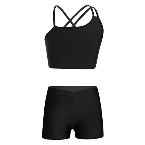 inlzdz Mädchen Zweiteiler Turnanzug Gymnastikanzug Sport Yoga BH Top Shorts Set Sportkleidung Jogginganzug Crop Top Kurze Sporthose Fitness Yoga Anzug Schwarz 110-116 von inlzdz