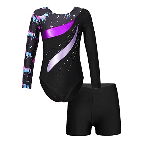 inlzdz Mädchen Zweiteiliger Turnanzug Gymnastikanzug Langarm Turnbody Ballettbody Gymnastik Leotards mit Shorts für Tanz Performance Wettbewerb Schwarz&Purple 122-128 von inlzdz