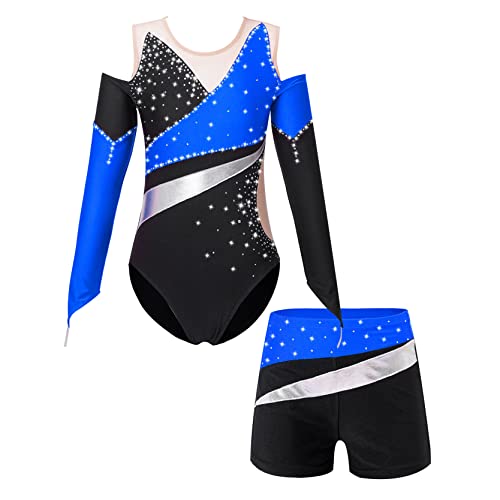 inlzdz Mädchen Zweiteiliger Turnanzug Gymnastikanzug Langarm Turnbody Tanzbody mit Strass Shorts Tanzshorts Kurz Jogginghose Gymnastikbody Ballettkleidung Blau 122-128 von inlzdz