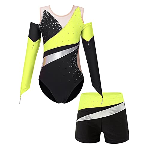 inlzdz Mädchen Zweiteiliger Turnanzug Gymnastikanzug Langarm Turnbody Tanzbody mit Strass Shorts Tanzshorts Kurz Jogginghose Gymnastikbody Ballettkleidung Gelb 122-128 von inlzdz