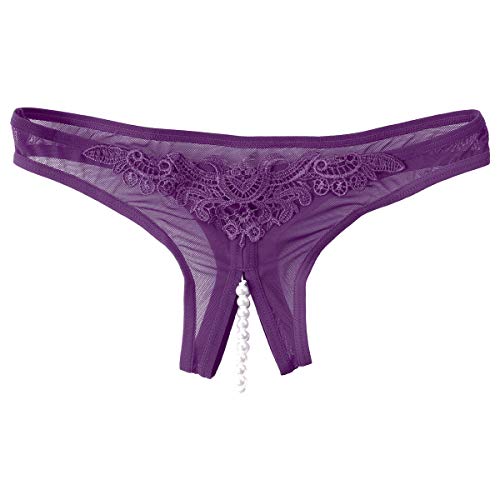 inlzdz Perlen String Damen Spitze Unterwäsche Perlenstring Niedrig-Taille Nahtlose Schlüpfer Sexy Transparente Erotik Dessous Reizwäsche Violett OneSize von inlzdz