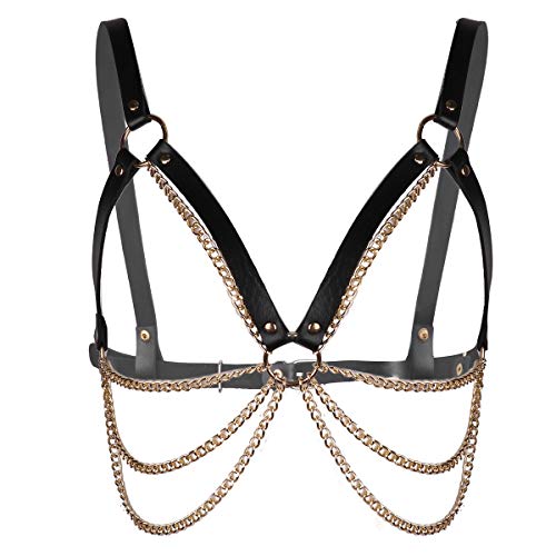 inlzdz Sexy Damen Unisex Brust Harness Halsband Kette Gürtel Metall Körper Geschirr Leder Brustgürtel Strumpfband Punk Gothic Clubwear Schwarz&Gold A One Size von inlzdz