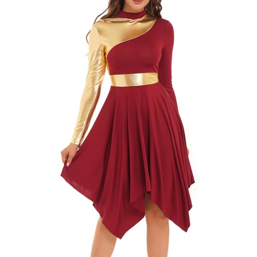 inlzdz Tanzkleid Damen Eiskunstlauf-Kleid Langarm Asymmetrischer Saum Kleider Ballettkleid Ballettkleidung Turnanzug Tanzkostüm für Abschlussball Burgundy M von inlzdz