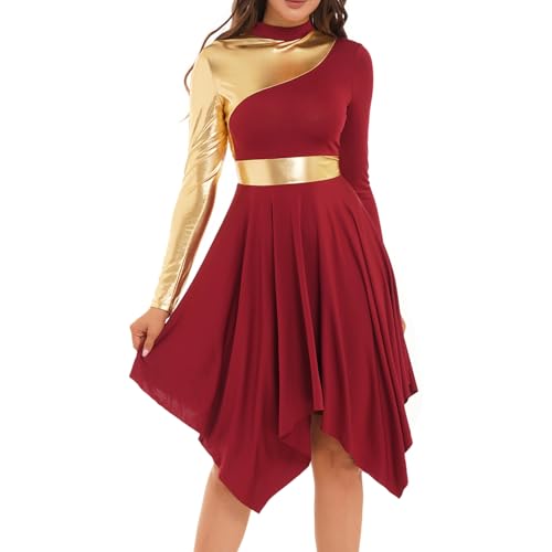 inlzdz Tanzkleid Damen Eiskunstlauf-Kleid Langarm Asymmetrischer Saum Kleider Ballettkleid Ballettkleidung Turnanzug Tanzkostüm für Abschlussball Burgundy S von inlzdz
