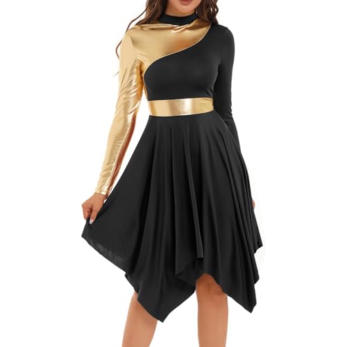 inlzdz Tanzkleid Damen Eiskunstlauf-Kleid Langarm Asymmetrischer Saum Kleider Ballettkleid Ballettkleidung Turnanzug Tanzkostüm für Abschlussball Schwarz XL von inlzdz