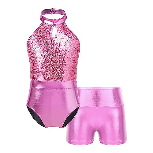 inlzdz Turnanzug Mädchen Pailletten Balletttrikot Turntrikot Kinder Tanz-Body mit Shorts Gymnastikanzug Wettbewerb Performance Tanzkostüm Rosa 134-140 von inlzdz