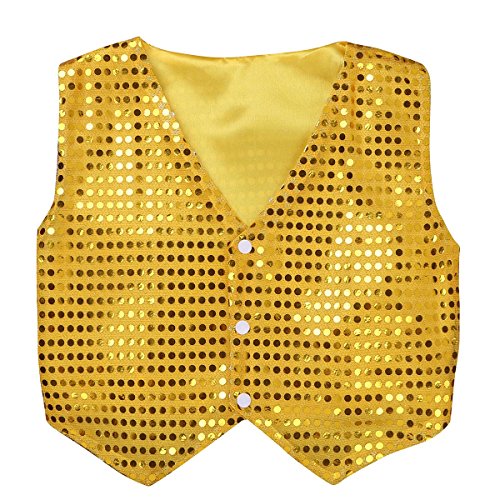 inlzdz Unisex Jungen Pailletten Weste Glitzer Anzug Kinder Kurz Jacke Hip Hop Jazz Tanz Kostüm Festlich Party Hochzeit Performance Anzugsweste Gold 128-134 von inlzdz