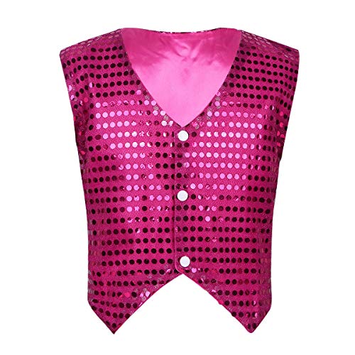 inlzdz Unisex Jungen Pailletten Weste Glitzer Anzug Kinder Kurz Jacke Hip Hop Jazz Tanz Kostüm Festlich Party Hochzeit Performance Anzugsweste Rosa Rot 128-134 von inlzdz