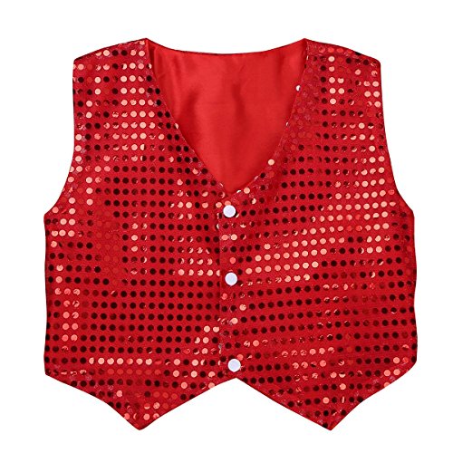 inlzdz Unisex Jungen Pailletten Weste Glitzer Anzug Kinder Kurz Jacke Hip Hop Jazz Tanz Kostüm Festlich Party Hochzeit Performance Anzugsweste Rot 128-134 von inlzdz