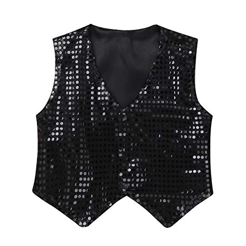 inlzdz Unisex Jungen Pailletten Weste Glitzer Anzug Kinder Kurz Jacke Hip Hop Jazz Tanz Kostüm Festlich Party Hochzeit Performance Anzugsweste Schwarz 128-134 von inlzdz