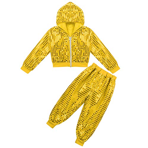 inlzdz Unisex Kinder Pailletten Tanzkleidung Set Langarm Glitzer Jacke mit Hip Hop Hose Glänzend Jazz Hip Hop Dancewear Performance Tanzkostüm Gelb 110-116 von inlzdz