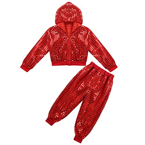 inlzdz Unisex Kinder Pailletten Tanzkleidung Set Langarm Glitzer Jacke mit Hip Hop Hose Glänzend Jazz Hip Hop Dancewear Performance Tanzkostüm Rot 110-116 von inlzdz