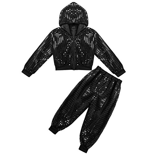 inlzdz Unisex Kinder Pailletten Tanzkleidung Set Langarm Glitzer Jacke mit Hip Hop Hose Glänzend Jazz Hip Hop Dancewear Performance Tanzkostüm Schwarz 140-152 von inlzdz