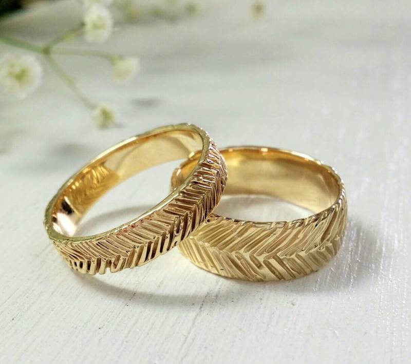 Für Sie Und Ihn 14K Gelbgold Eheringe, Gold Federringe, Blätterringe. Innahheiman Handgemachter Schmuck von innaheiman