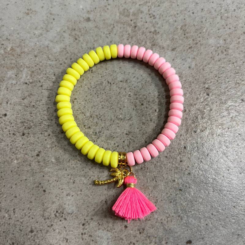 Polymer Perlen Armband Sommer Ibiza Style, Neongelb Und Rosa, Mit Quaste Polymer Perlen Armband Sommer Ibiza Style, Neongelb Und Rosa, Mit Quaste von inselkindnorderney