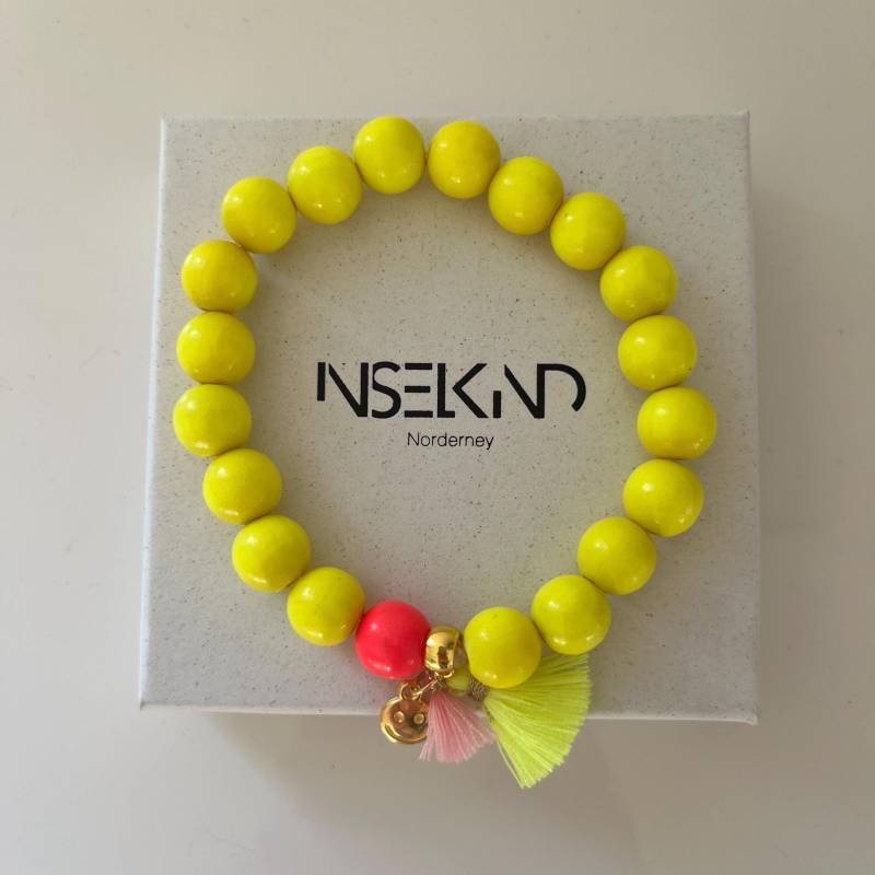 Holzperlen Armband Sommer, Neon Gelb, Mit Quaste von inselkindnorderney