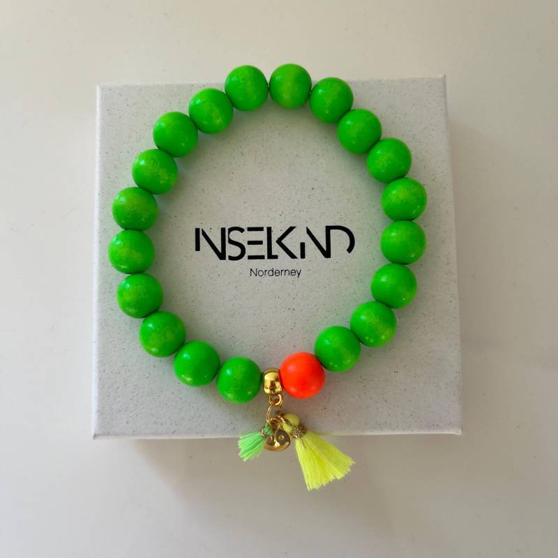 Holzperlen Armband Sommer, Neon Grün, Mit Quaste von inselkindnorderney