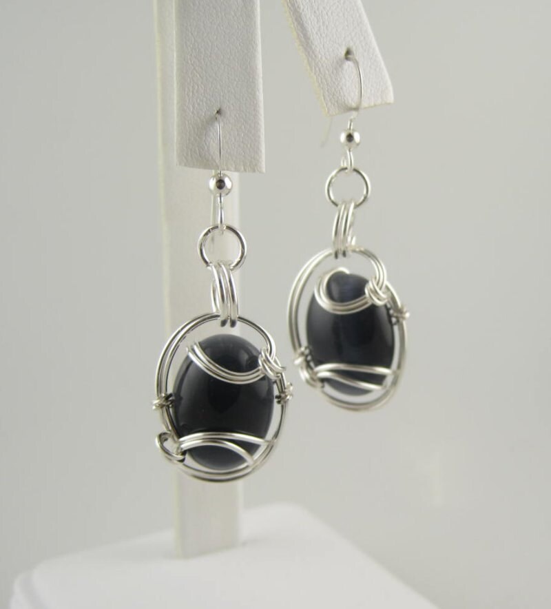 Katzenauge Ohrring, Schwarzer Schmuck, Wire Wrapped Wrap, Wrapped, Handgemachter Handgemachte Ohrringe von inspiredcreationsco